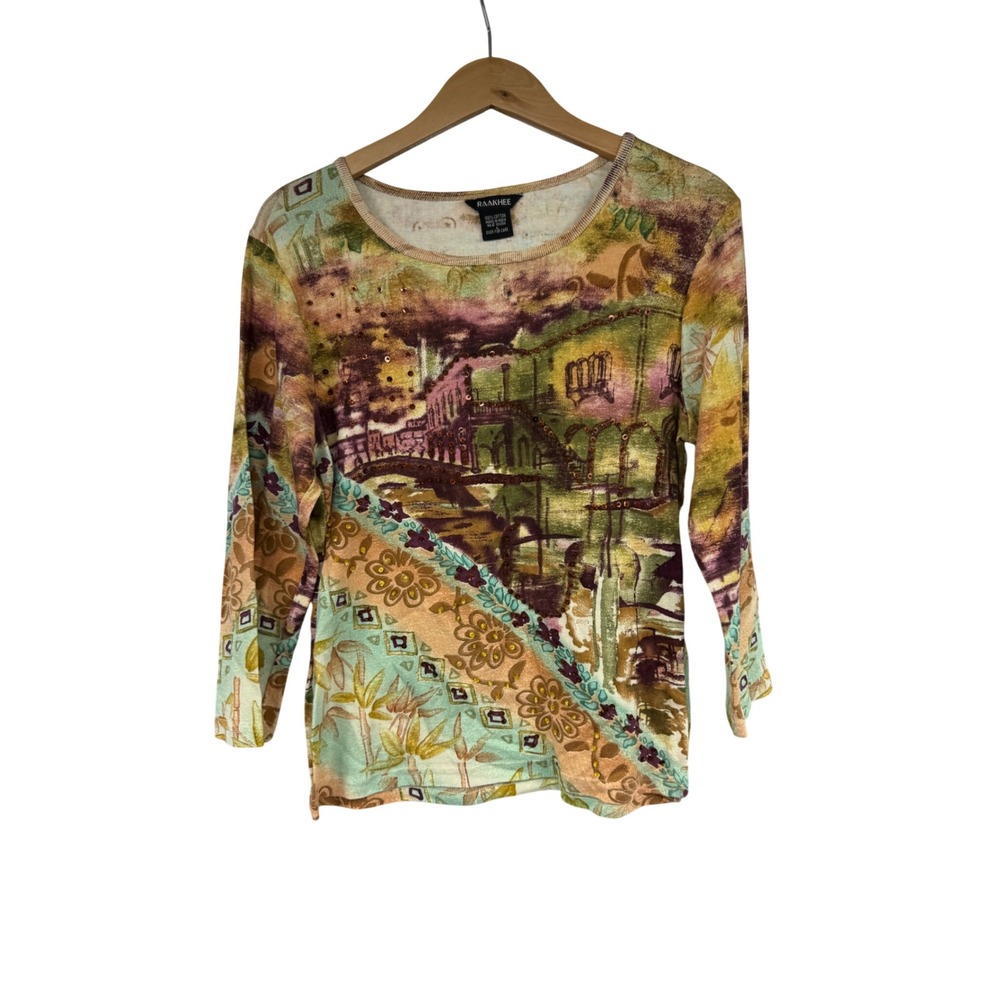 Raakhee Women Large Cotton Scenic Art To Wear Top Y2K Embellished 3/4 Sleeve